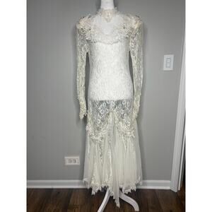 Vintage Victorian Lace Wedding Dress High Neck Edwardian Prairie Draped Beading
